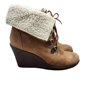 ROUTE 66 LAMBS WOOL LOOK WEDGE ANKLE BOOT BROWN FAUX SUEDE SIZE WOMENS 6